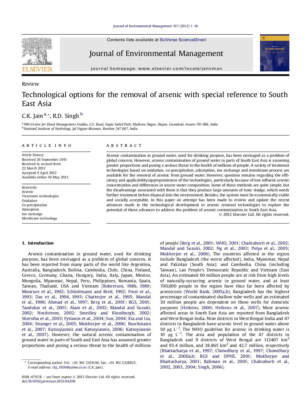 Technological options for the removal of arsenic with special reference to South East Asia