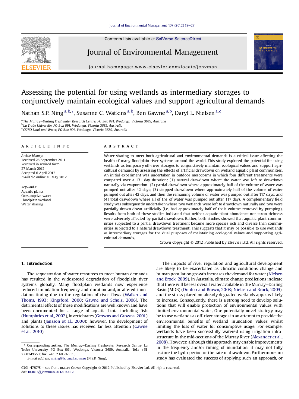 Assessing the potential for using wetlands as intermediary storages to conjunctively maintain ecological values and support agricultural demands