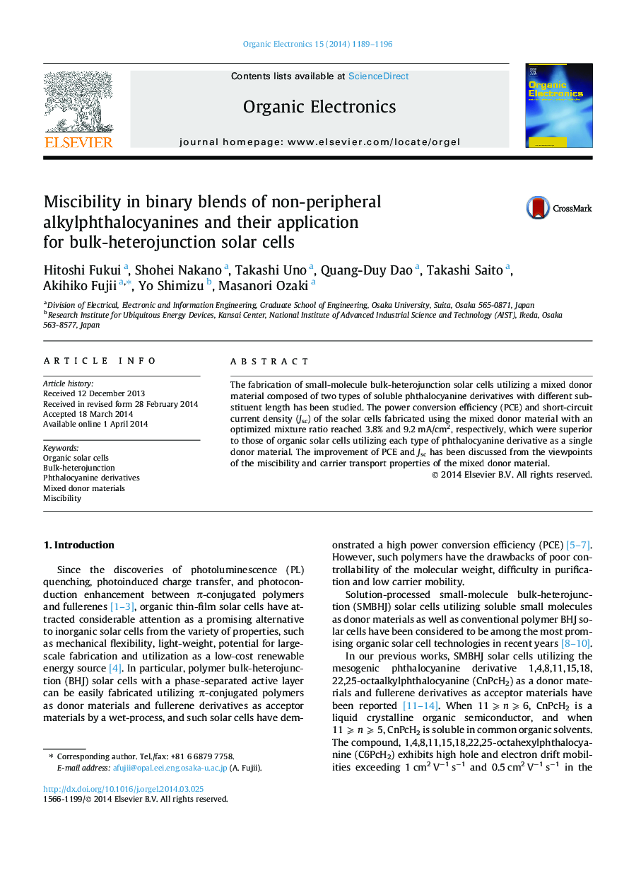 Miscibility in binary blends of non-peripheral alkylphthalocyanines and their application for bulk-heterojunction solar cells