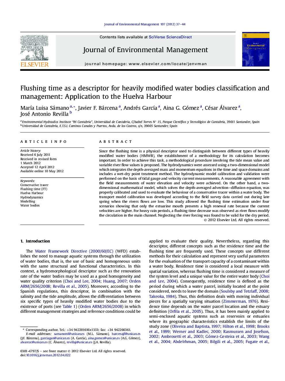 Flushing time as a descriptor for heavily modified water bodies classification and management: Application to the Huelva Harbour