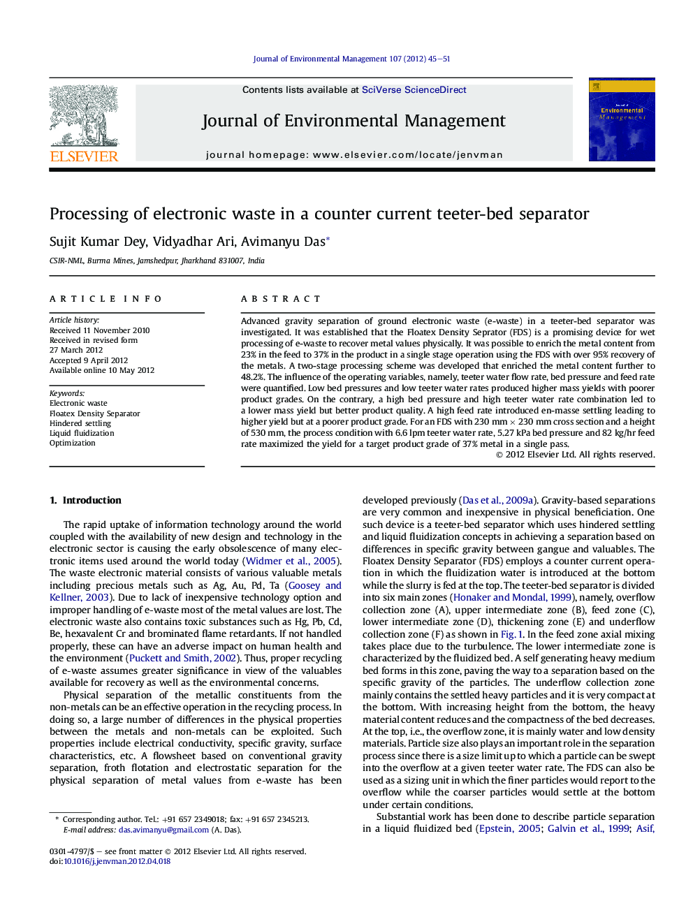 Processing of electronic waste in a counter current teeter-bed separator