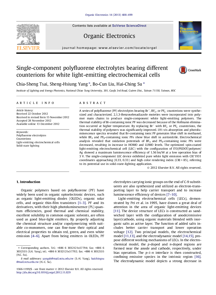 Single-component polyfluorene electrolytes bearing different counterions for white light-emitting electrochemical cells