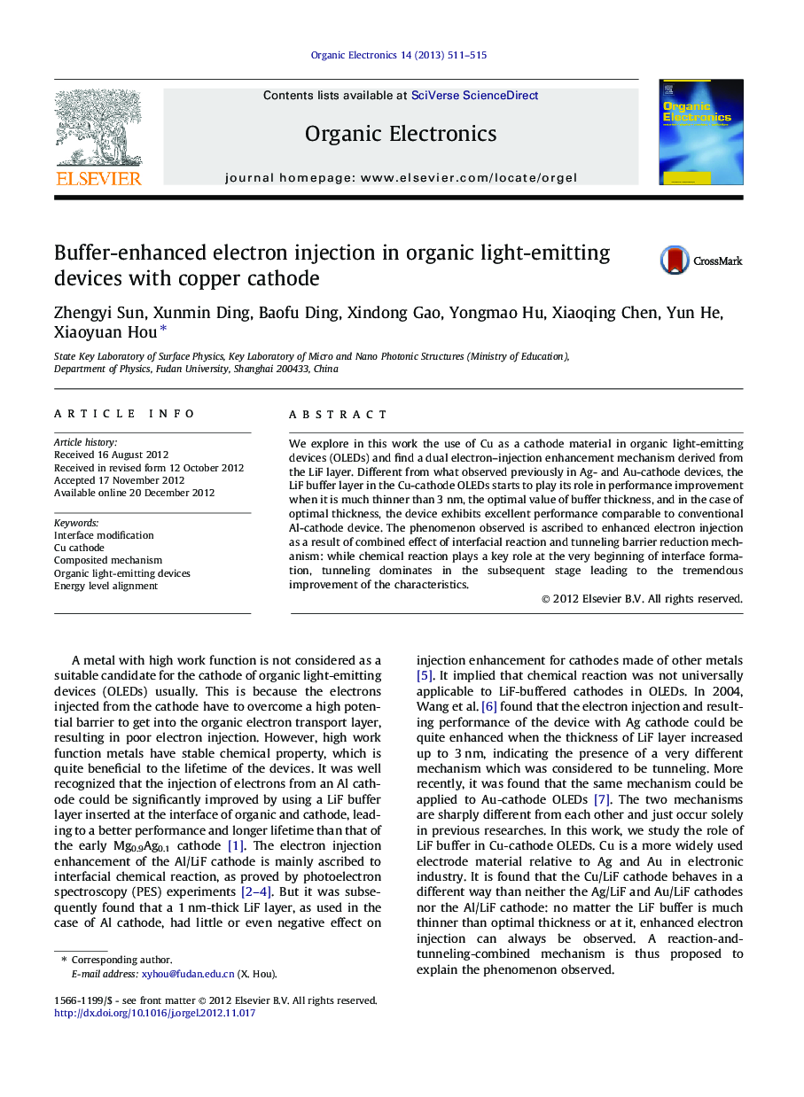 Buffer-enhanced electron injection in organic light-emitting devices with copper cathode