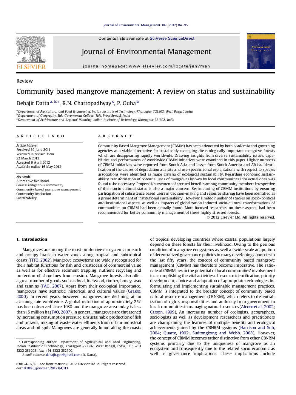 Community based mangrove management: A review on status and sustainability