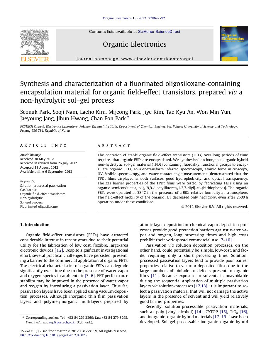 Synthesis and characterization of a fluorinated oligosiloxane-containing encapsulation material for organic field-effect transistors, prepared via a non-hydrolytic sol-gel process