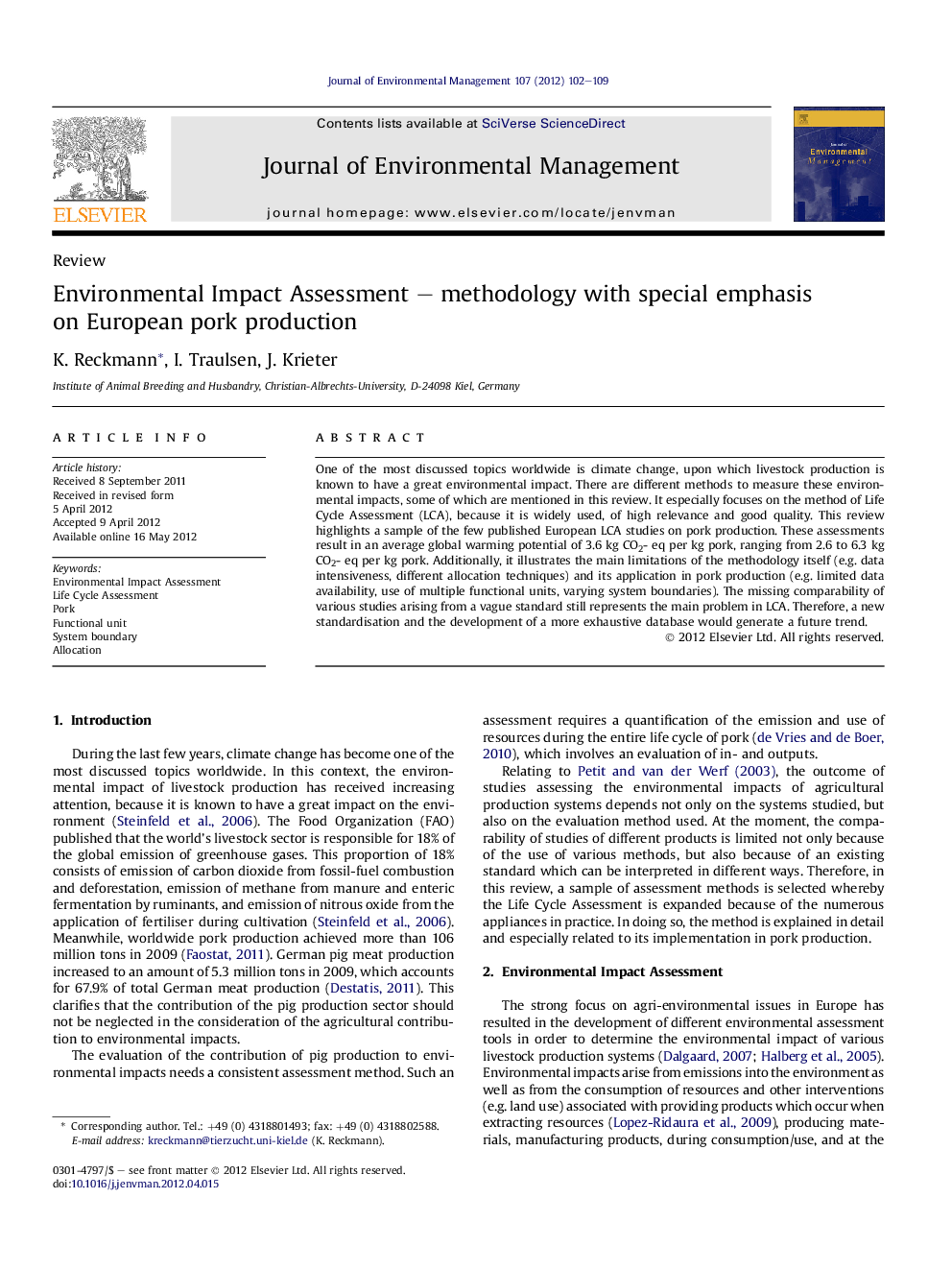 Environmental Impact Assessment – methodology with special emphasis on European pork production