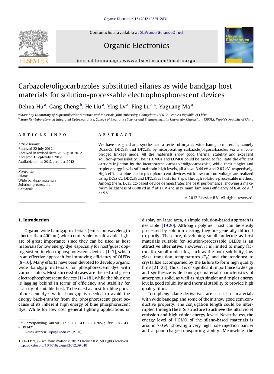 Carbazole/oligocarbazoles substituted silanes as wide bandgap host materials for solution-processable electrophosphorescent devices