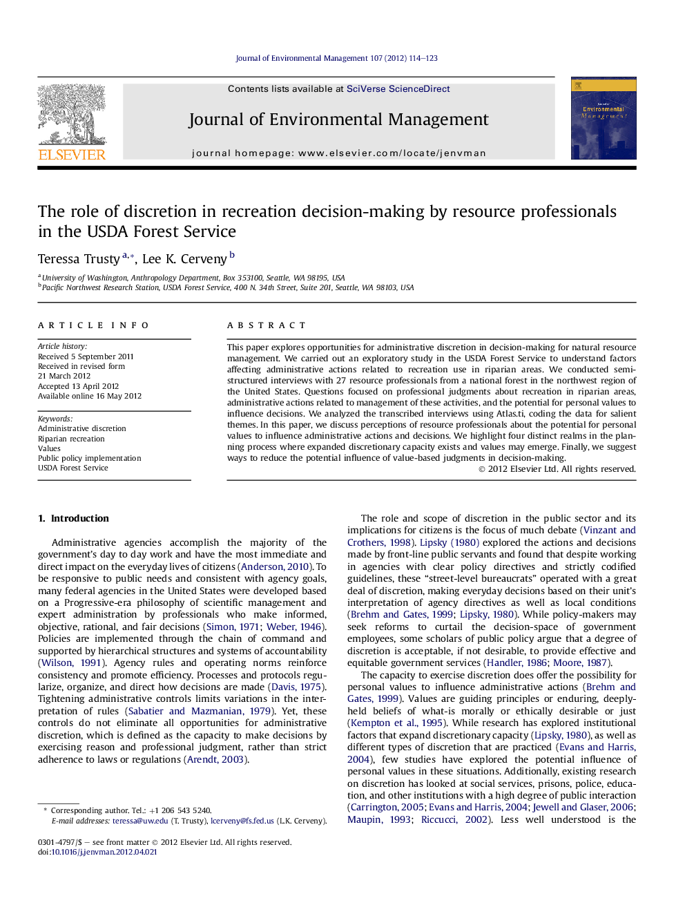 The role of discretion in recreation decision-making by resource professionals in the USDA Forest Service