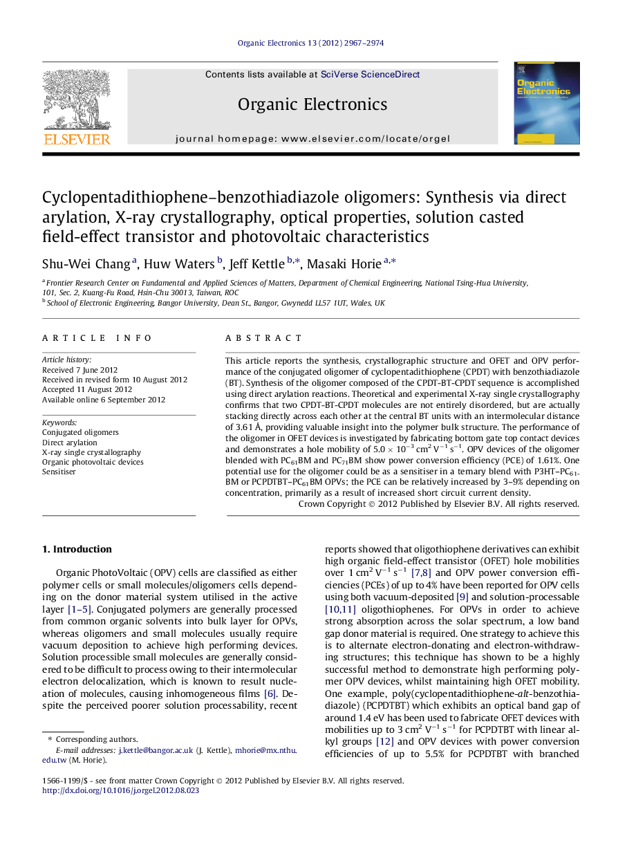 Cyclopentadithiophene-benzothiadiazole oligomers: Synthesis via direct arylation, X-ray crystallography, optical properties, solution casted field-effect transistor and photovoltaic characteristics