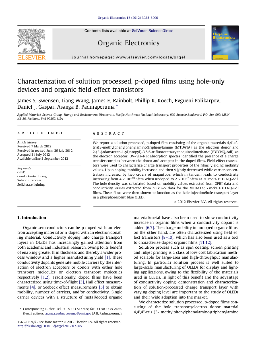Characterization of solution processed, p-doped films using hole-only devices and organic field-effect transistors