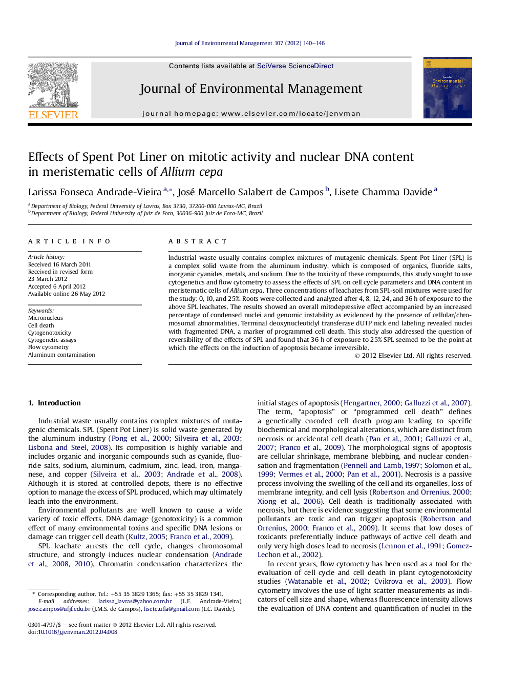 Effects of Spent Pot Liner on mitotic activity and nuclear DNA content in meristematic cells of Allium cepa