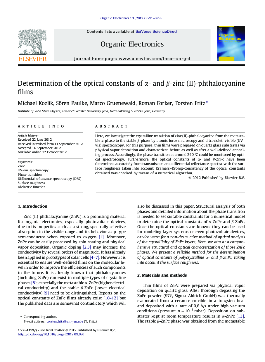 Determination of the optical constants of Î±- and Î²-zinc (II)-phthalocyanine films