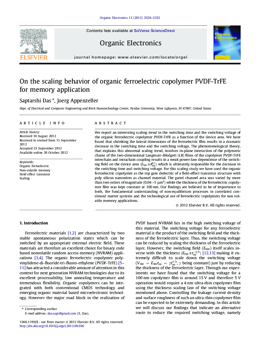 On the scaling behavior of organic ferroelectric copolymer PVDF-TrFE for memory application