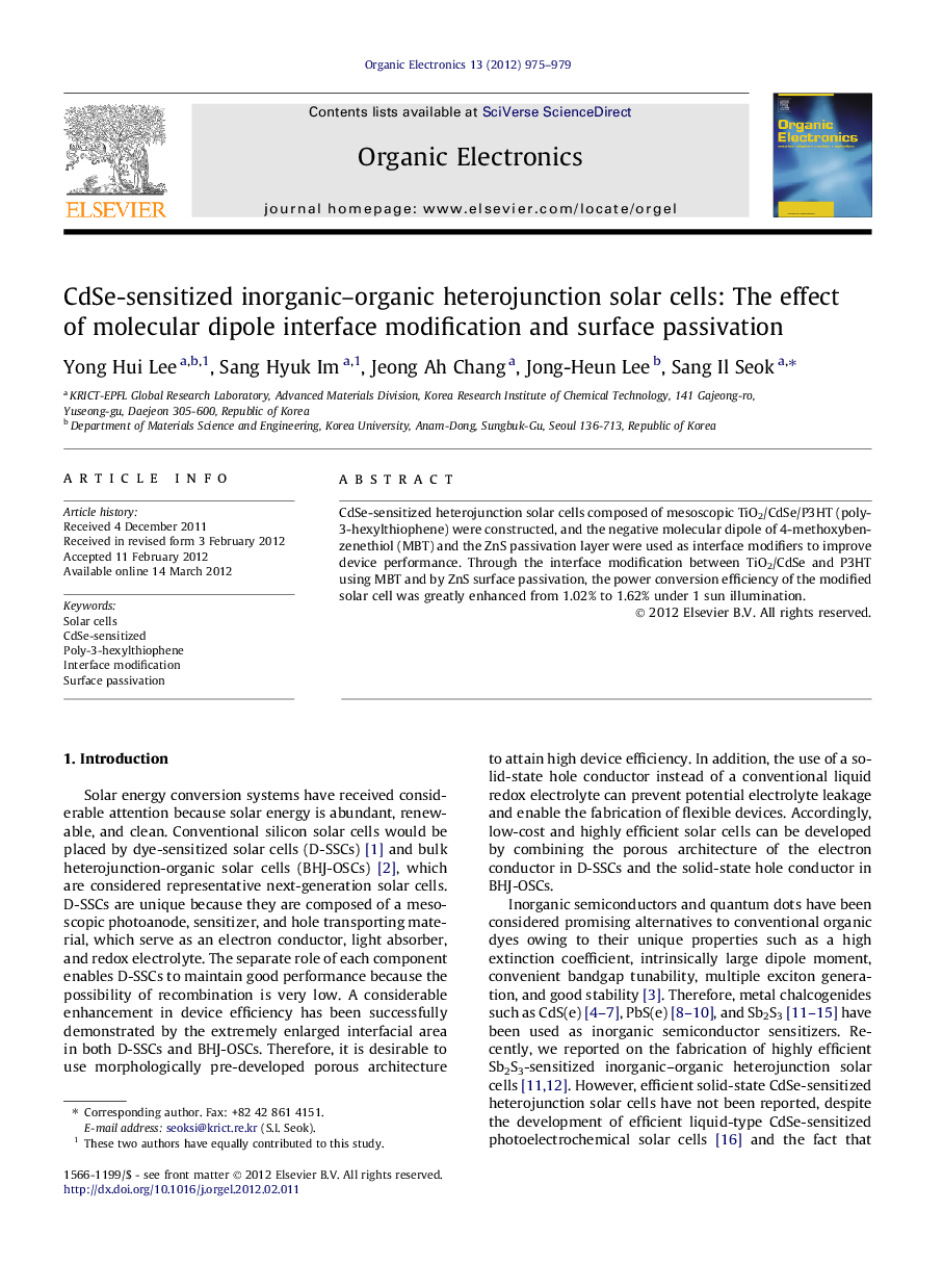 CdSe-sensitized inorganic-organic heterojunction solar cells: The effect of molecular dipole interface modification and surface passivation