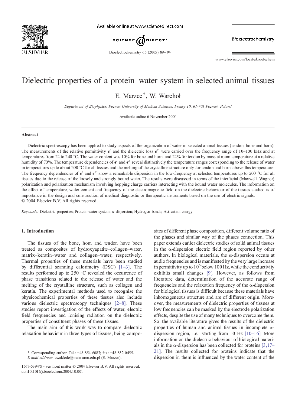 Dielectric properties of a protein-water system in selected animal tissues