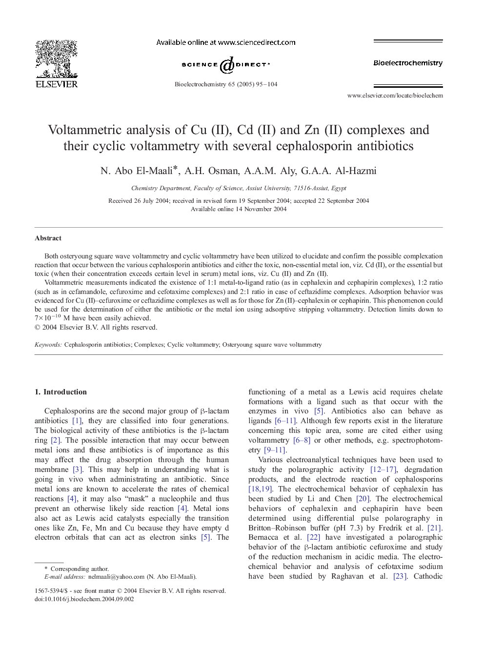 Voltammetric analysis of Cu (II), Cd (II) and Zn (II) complexes and their cyclic voltammetry with several cephalosporin antibiotics