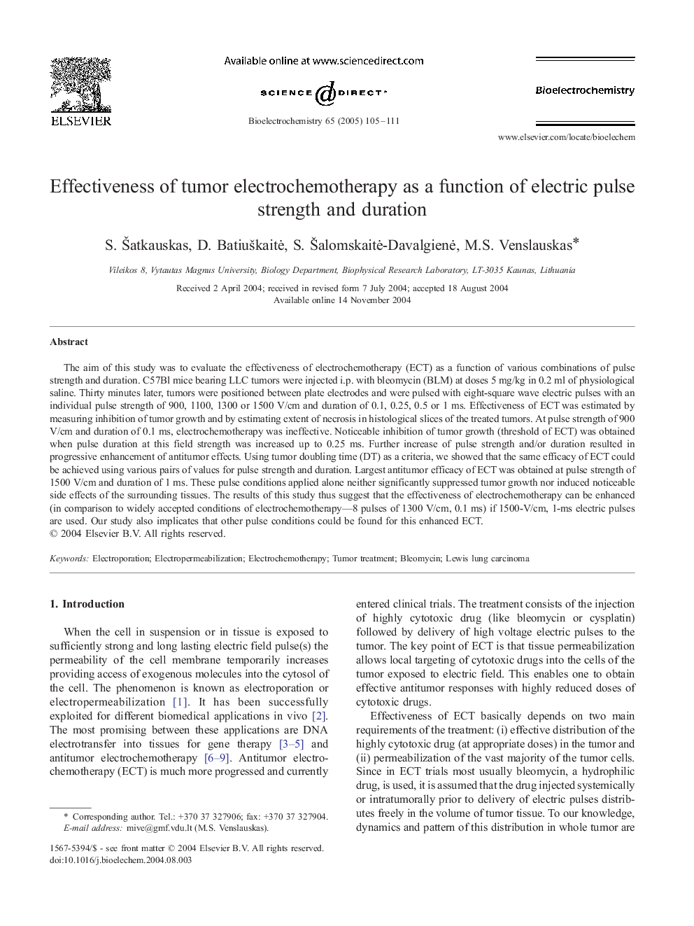 Effectiveness of tumor electrochemotherapy as a function of electric pulse strength and duration