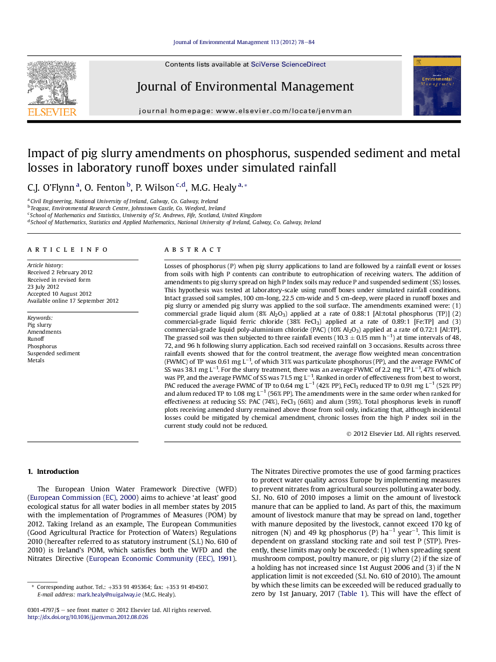 Impact of pig slurry amendments on phosphorus, suspended sediment and metal losses in laboratory runoff boxes under simulated rainfall