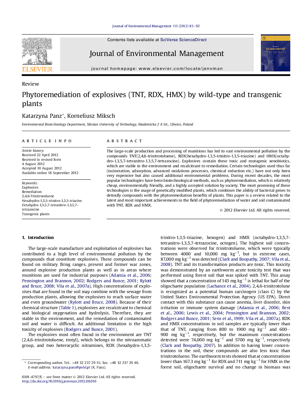 Phytoremediation of explosives (TNT, RDX, HMX) by wild-type and transgenic plants