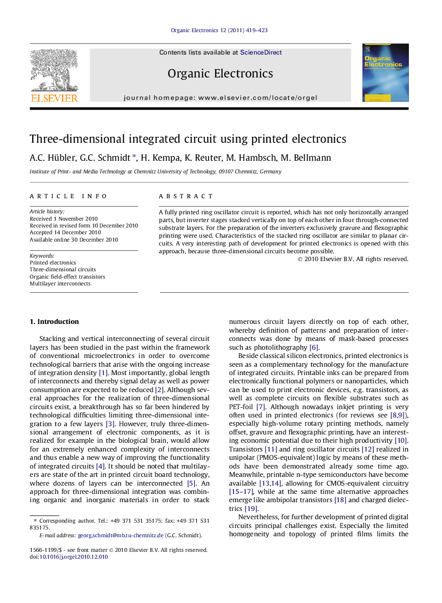 Three-dimensional integrated circuit using printed electronics