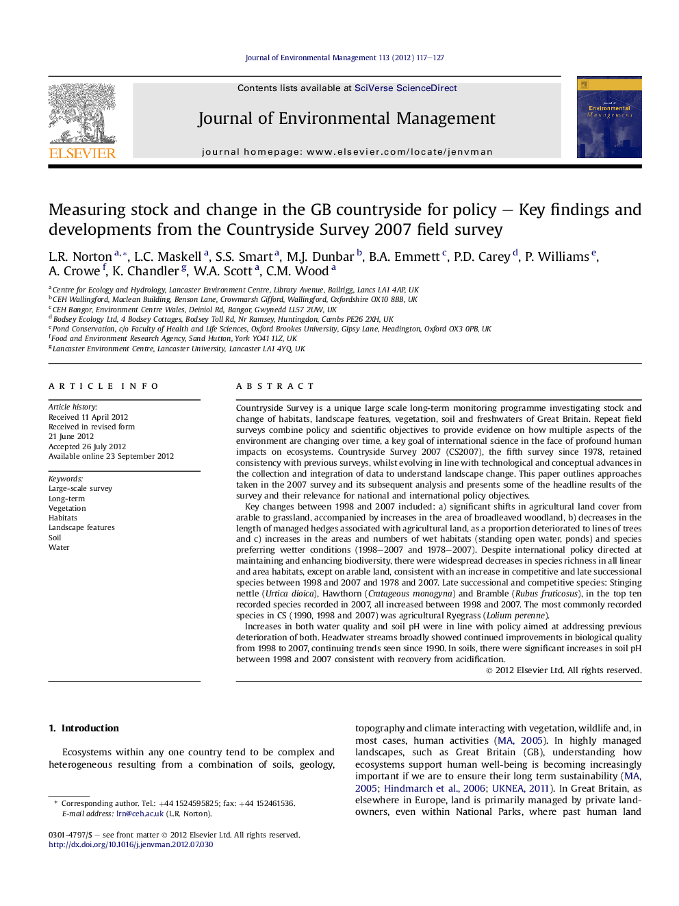 Measuring stock and change in the GB countryside for policy – Key findings and developments from the Countryside Survey 2007 field survey