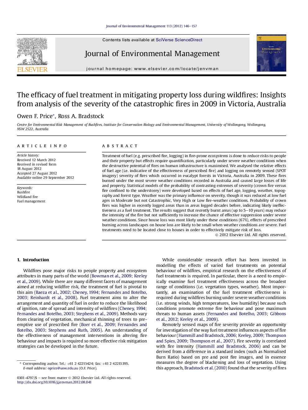 The efficacy of fuel treatment in mitigating property loss during wildfires: Insights from analysis of the severity of the catastrophic fires in 2009 in Victoria, Australia