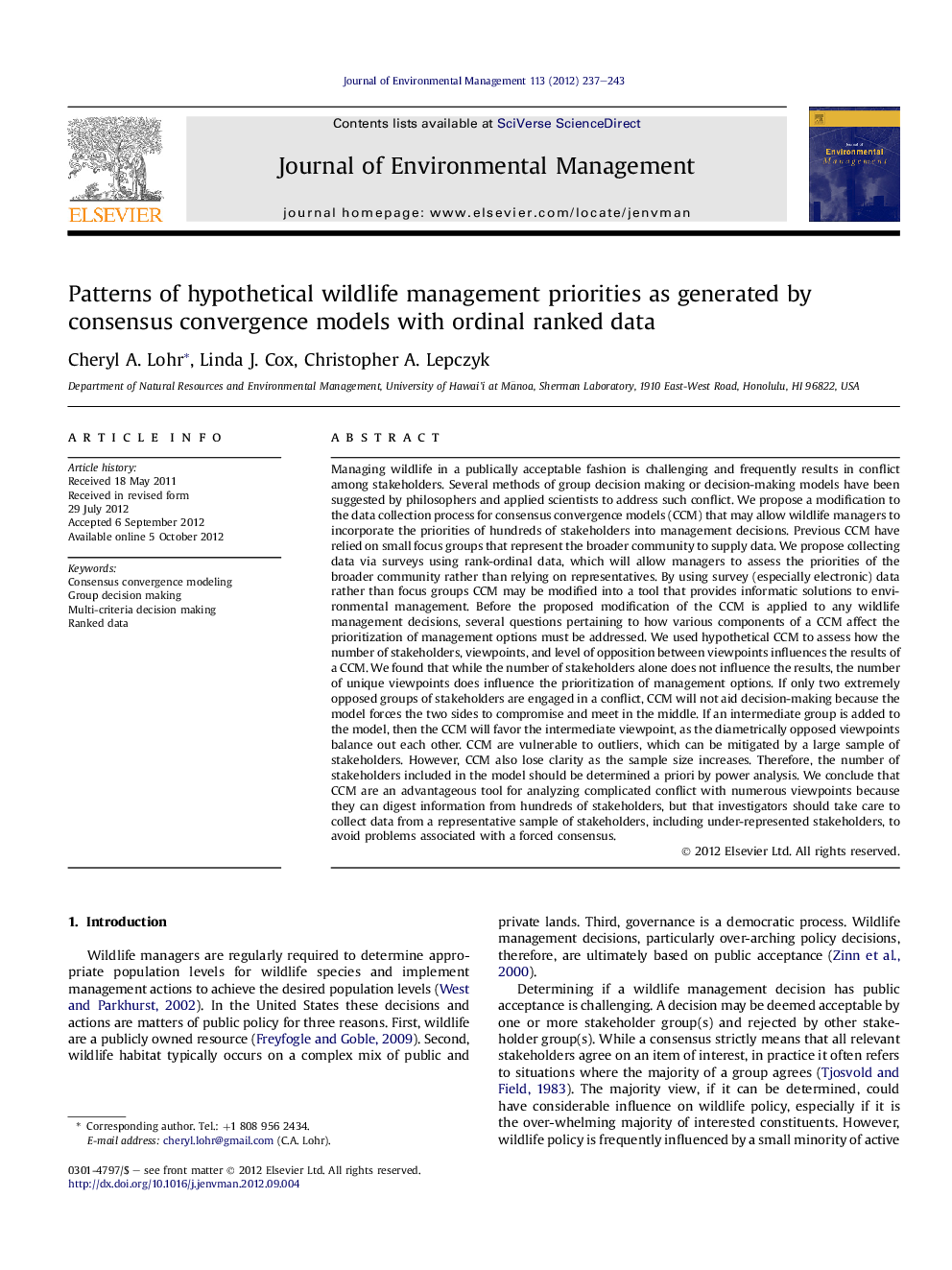 Patterns of hypothetical wildlife management priorities as generated by consensus convergence models with ordinal ranked data