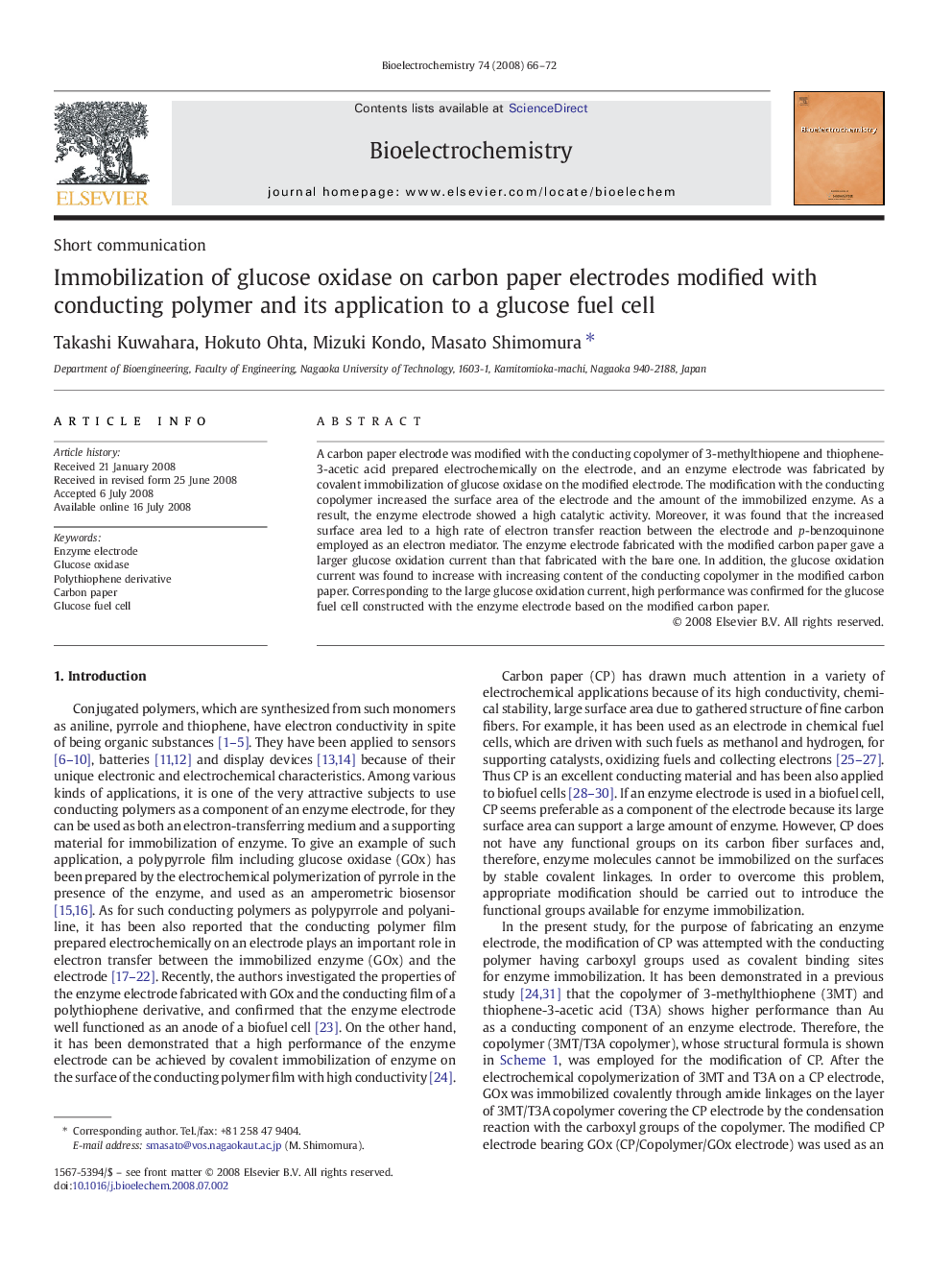 Immobilization of glucose oxidase on carbon paper electrodes modified with conducting polymer and its application to a glucose fuel cell