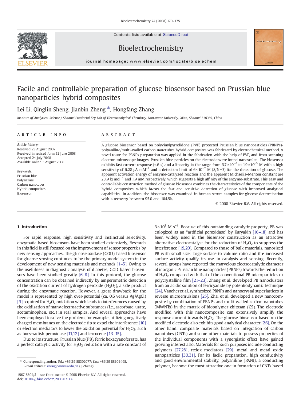 Facile and controllable preparation of glucose biosensor based on Prussian blue nanoparticles hybrid composites