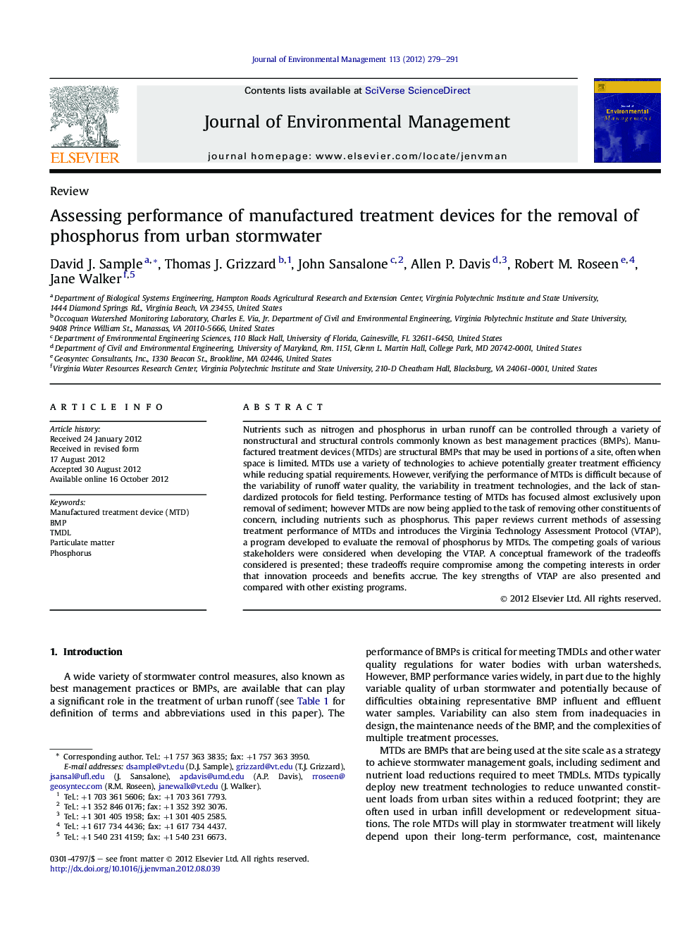 Assessing performance of manufactured treatment devices for the removal of phosphorus from urban stormwater