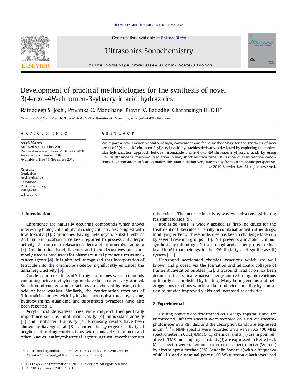 Development of practical methodologies for the synthesis of novel 3(4-oxo-4H-chromen-3-yl)acrylic acid hydrazides