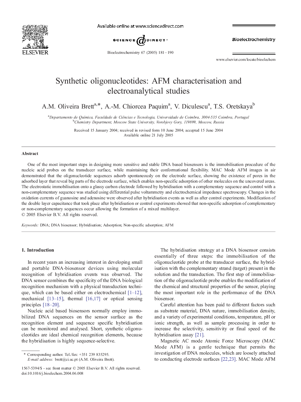 Synthetic oligonucleotides: AFM characterisation and electroanalytical studies