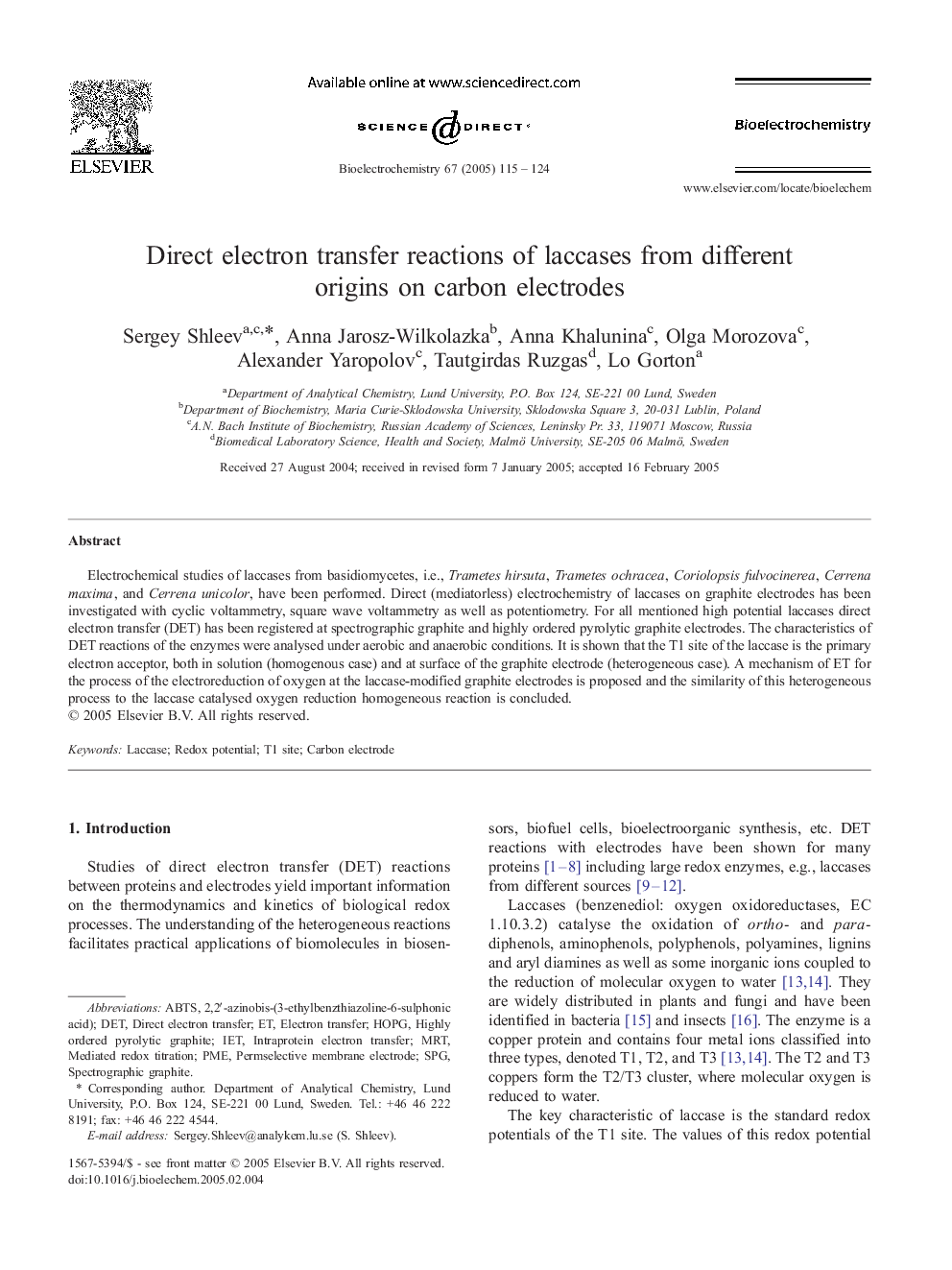 Direct electron transfer reactions of laccases from different origins on carbon electrodes