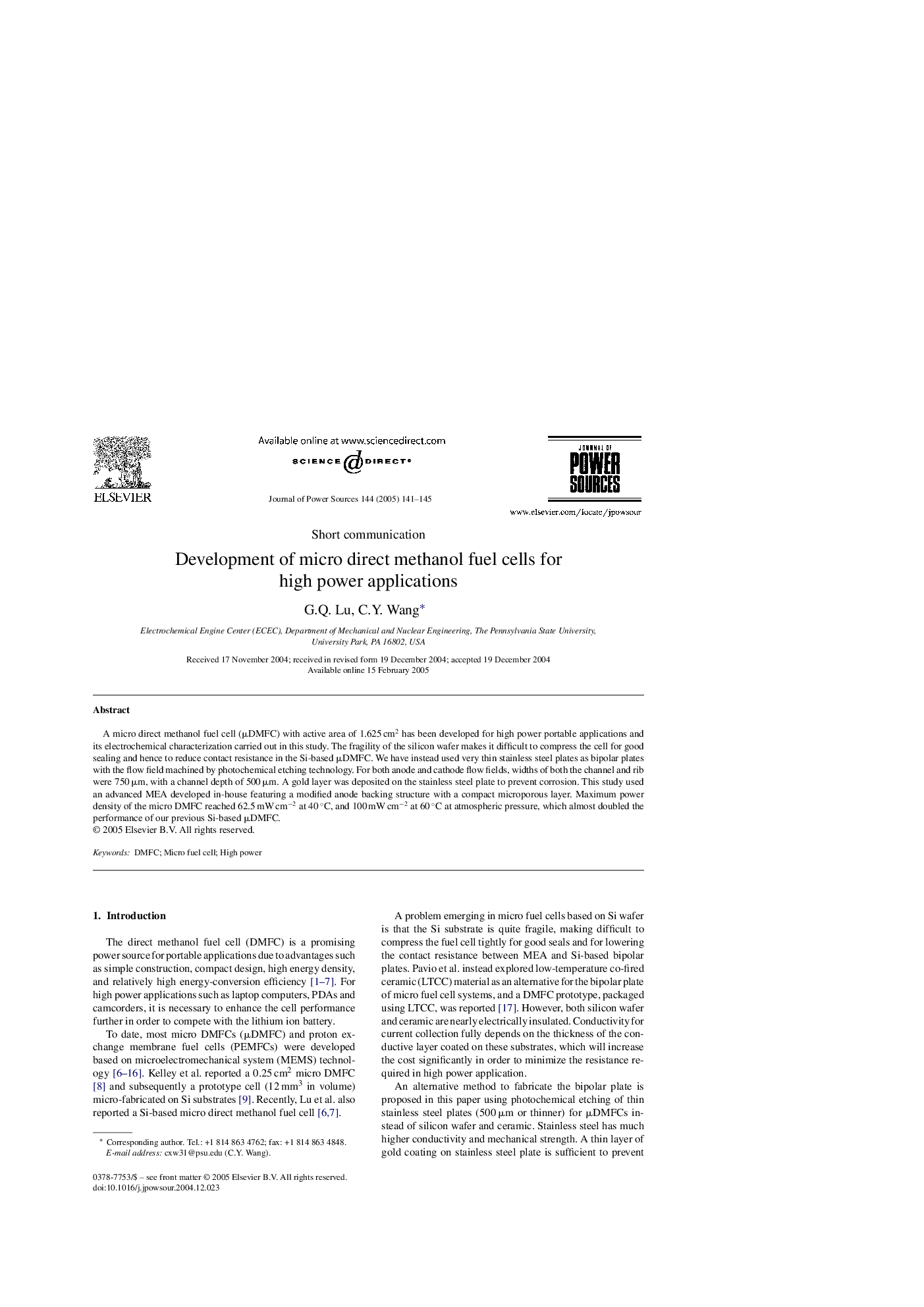 Development of micro direct methanol fuel cells for high power applications