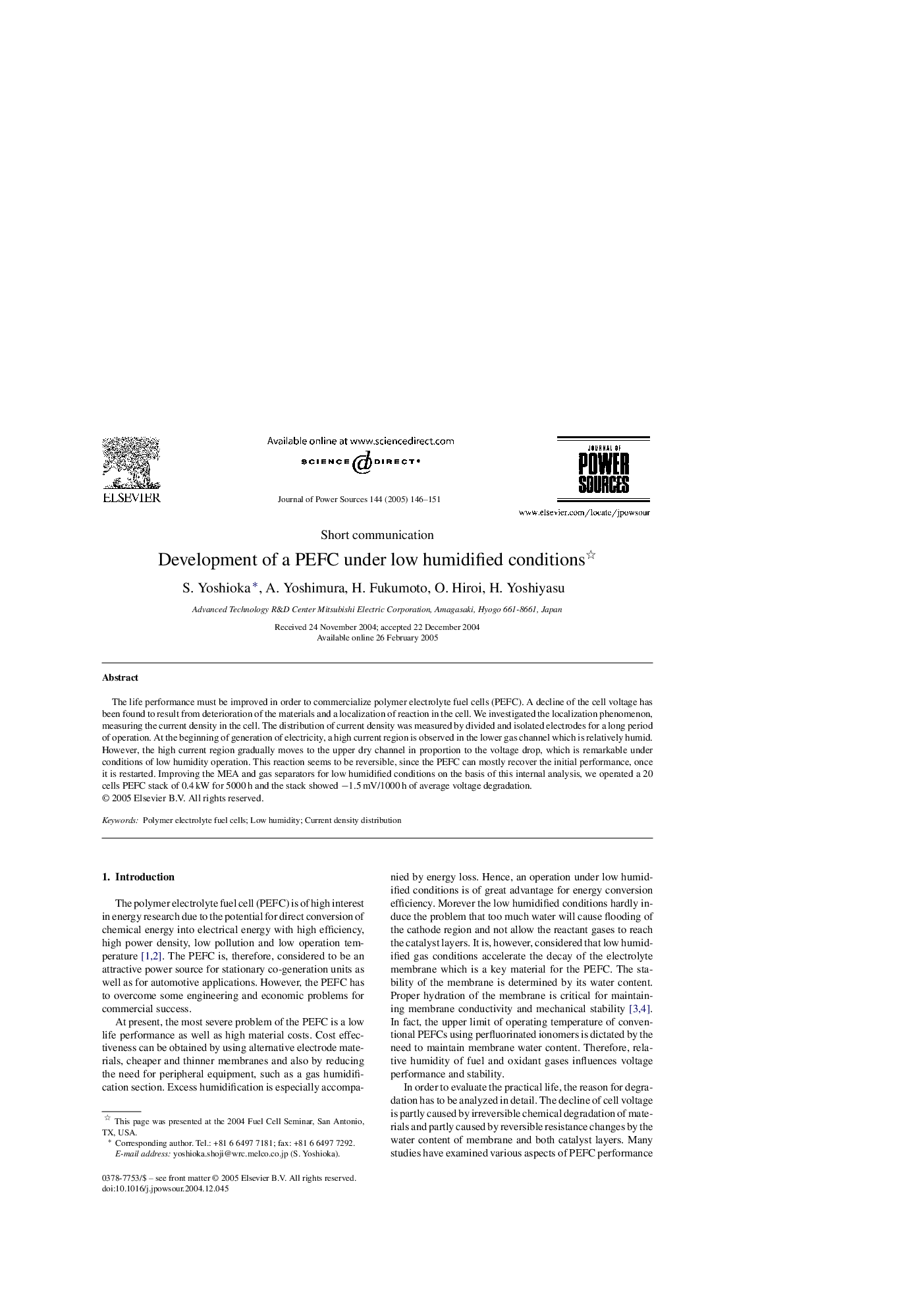 Development of a PEFC under low humidified conditions