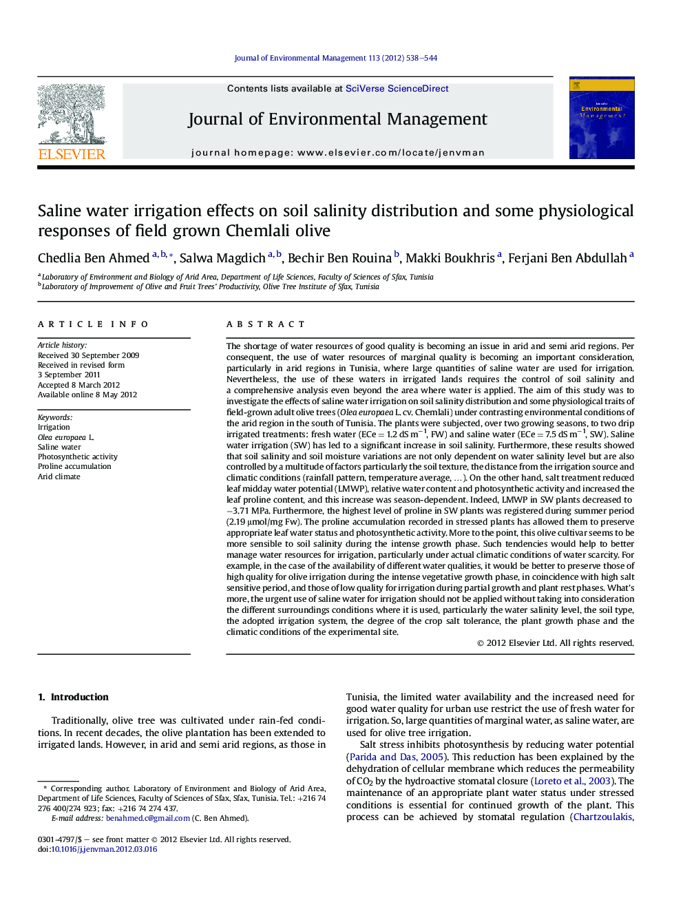 Saline water irrigation effects on soil salinity distribution and some physiological responses of field grown Chemlali olive