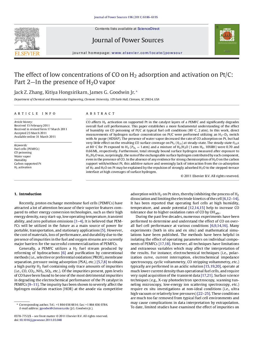 The effect of low concentrations of CO on H2 adsorption and activation on Pt/C: Part 2-In the presence of H2O vapor