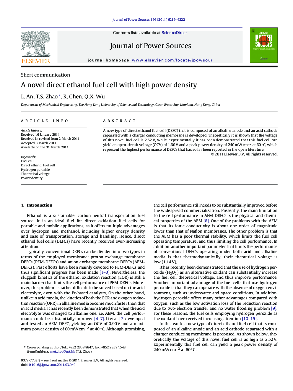 A novel direct ethanol fuel cell with high power density