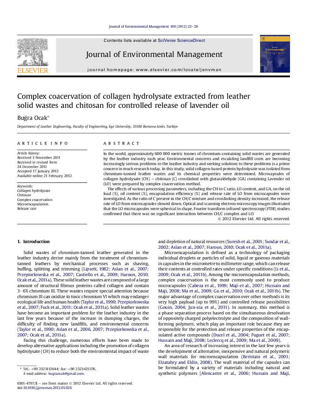 Complex coacervation of collagen hydrolysate extracted from leather solid wastes and chitosan for controlled release of lavender oil