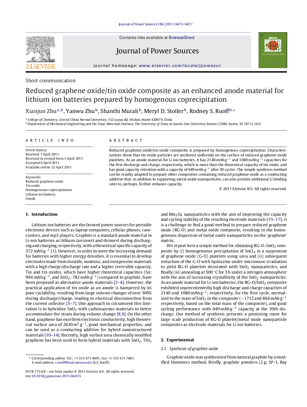 Reduced graphene oxide/tin oxide composite as an enhanced anode material for lithium ion batteries prepared by homogenous coprecipitation