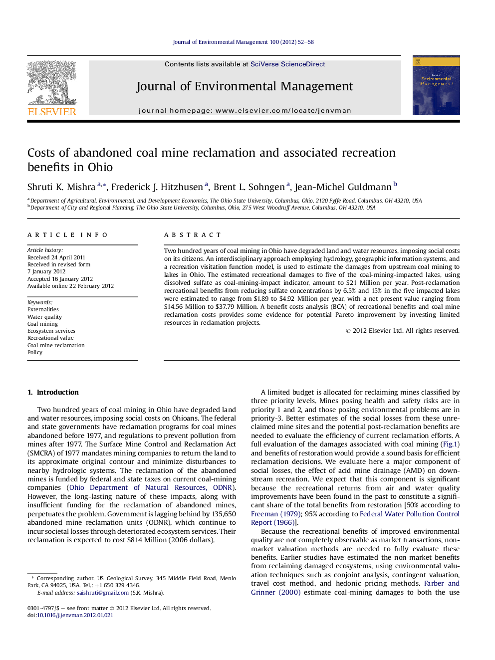 Costs of abandoned coal mine reclamation and associated recreation benefits in Ohio