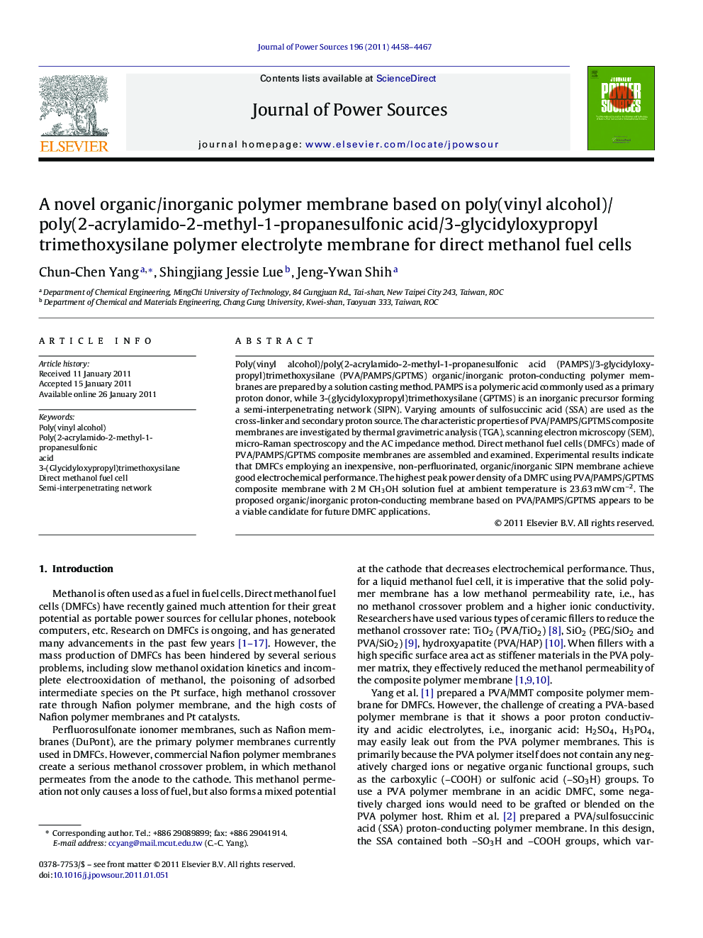 A novel organic/inorganic polymer membrane based on poly(vinyl alcohol)/poly(2-acrylamido-2-methyl-1-propanesulfonic acid/3-glycidyloxypropyl trimethoxysilane polymer electrolyte membrane for direct methanol fuel cells