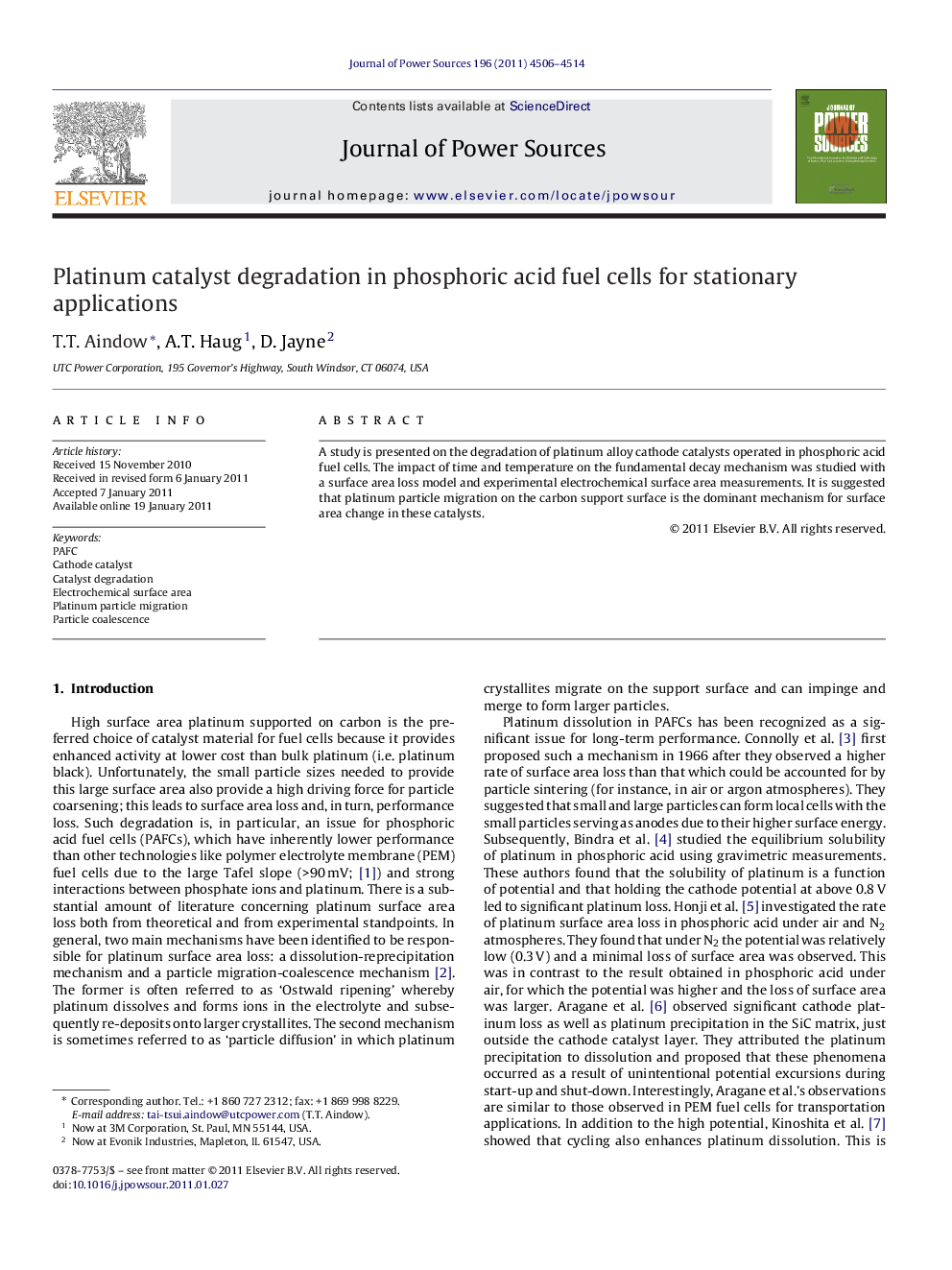 Platinum catalyst degradation in phosphoric acid fuel cells for stationary applications