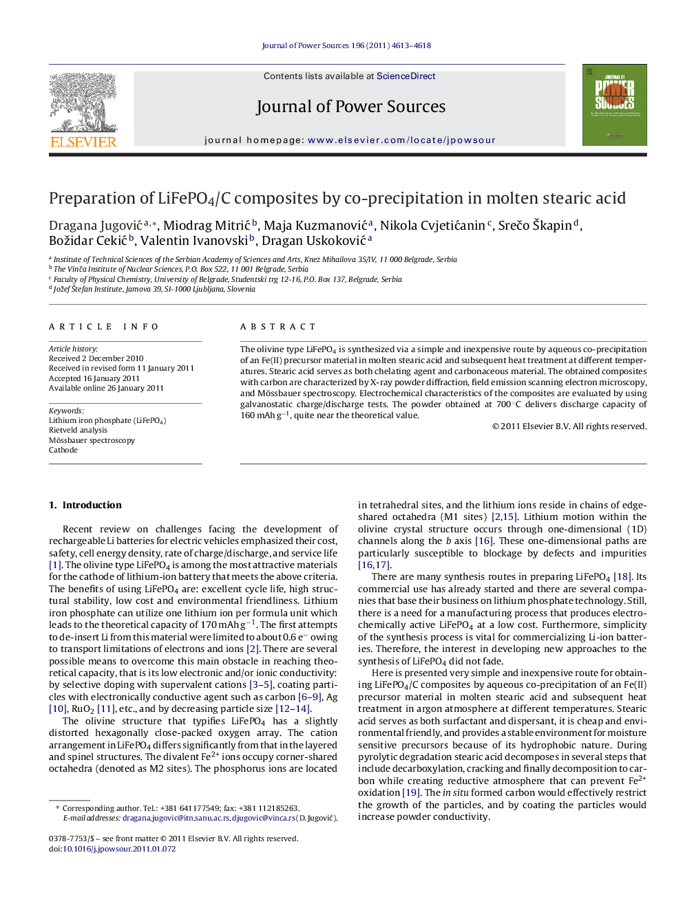 Preparation of LiFePO4/C composites by co-precipitation in molten stearic acid