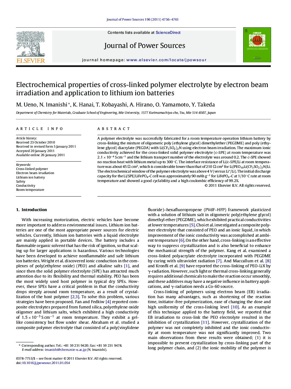 Electrochemical properties of cross-linked polymer electrolyte by electron beam irradiation and application to lithium ion batteries