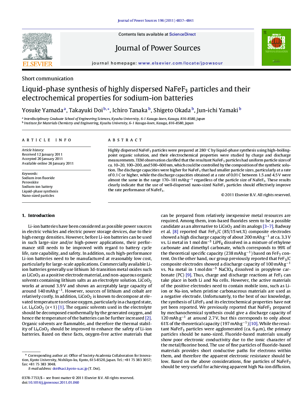 عکس صفحه اول مقاله: Liquid-phase synthesis of highly dispersed NaFeF3 particles and their electrochemical properties for sodium-ion batteries Liquid-phase synthesis of highly dispersed NaFeF3 particles and their electrochemical properties for sodium-ion batteries