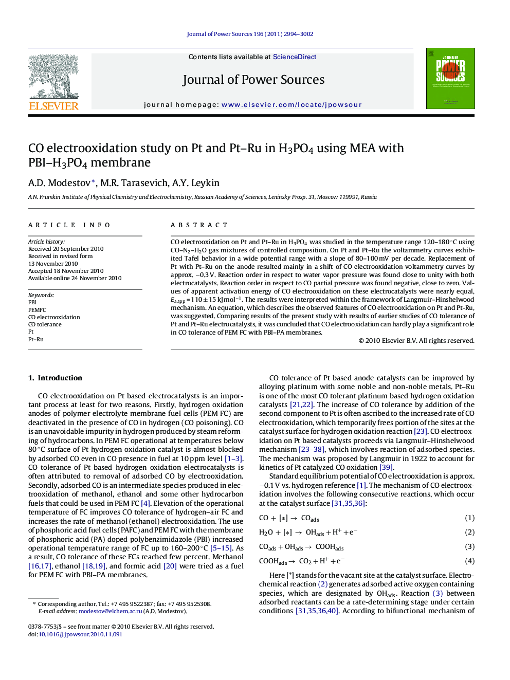 CO electrooxidation study on Pt and Pt-Ru in H3PO4 using MEA with PBI-H3PO4 membrane