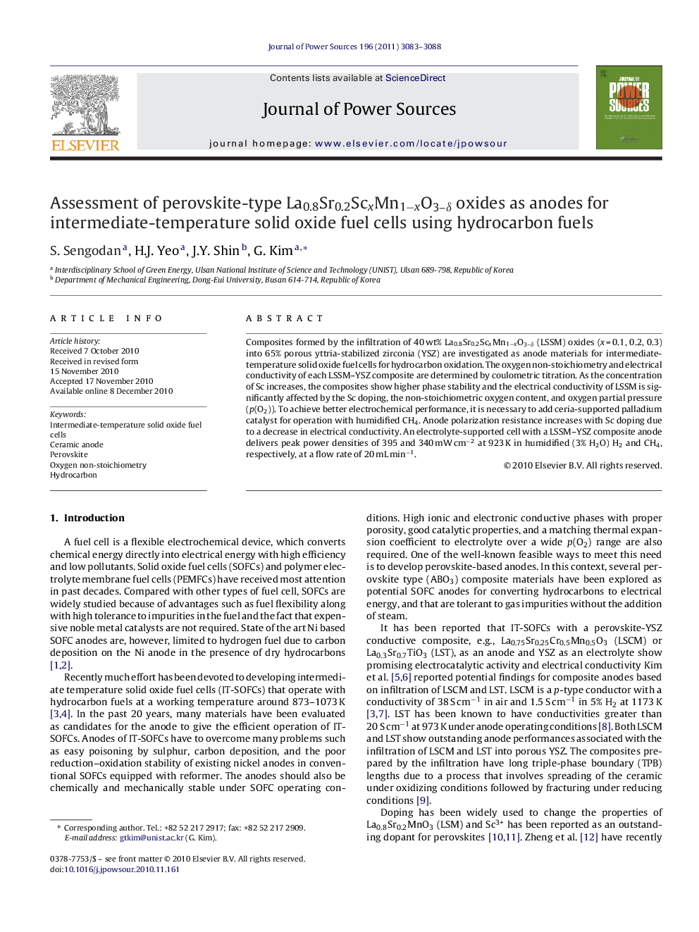 Assessment of perovskite-type La0.8Sr0.2ScxMn1âxO3-Î´ oxides as anodes for intermediate-temperature solid oxide fuel cells using hydrocarbon fuels