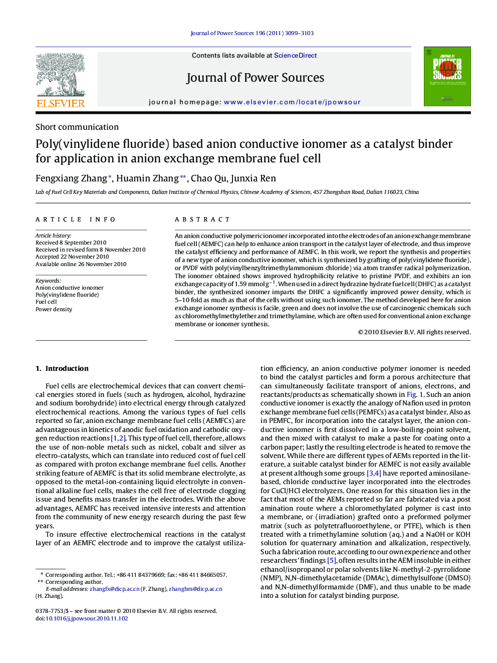 Poly(vinylidene fluoride) based anion conductive ionomer as a catalyst binder for application in anion exchange membrane fuel cell