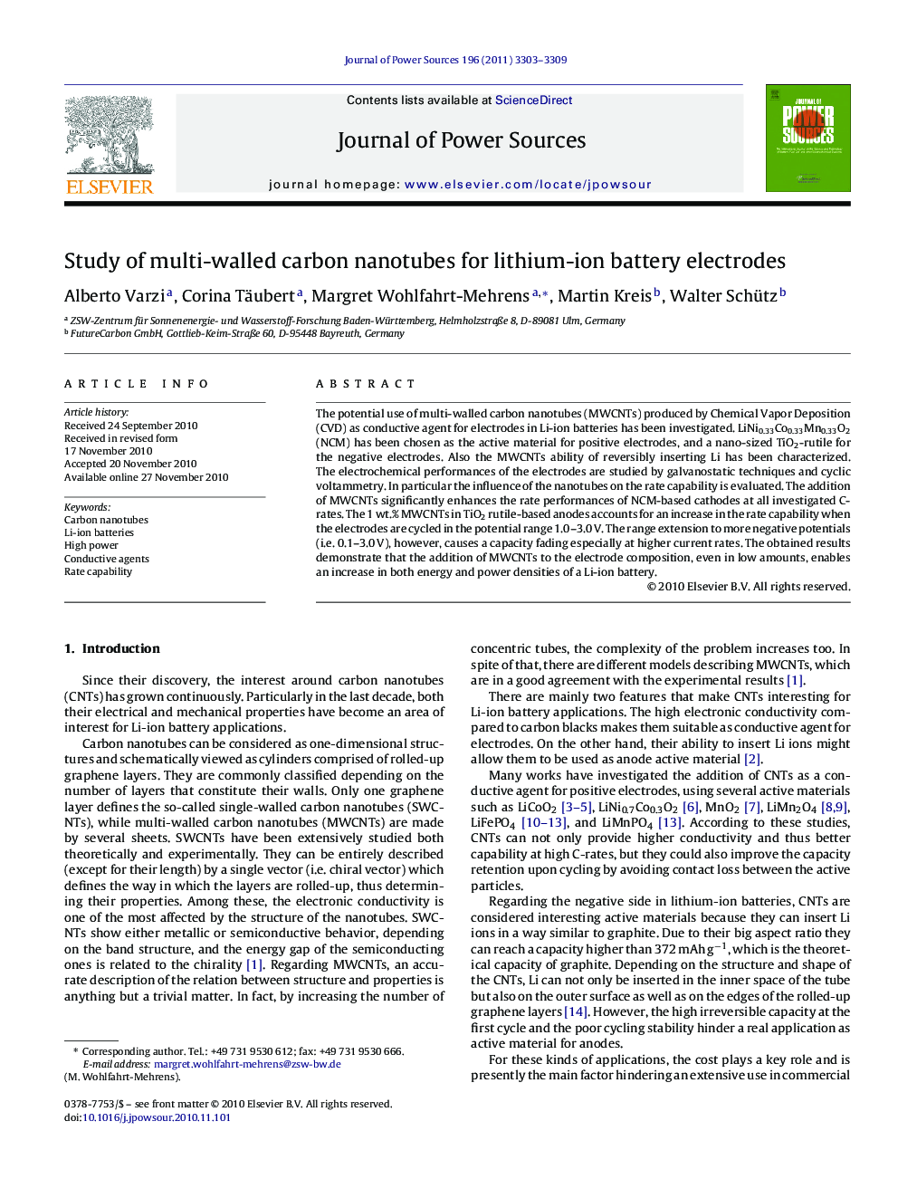 Study of multi-walled carbon nanotubes for lithium-ion battery electrodes